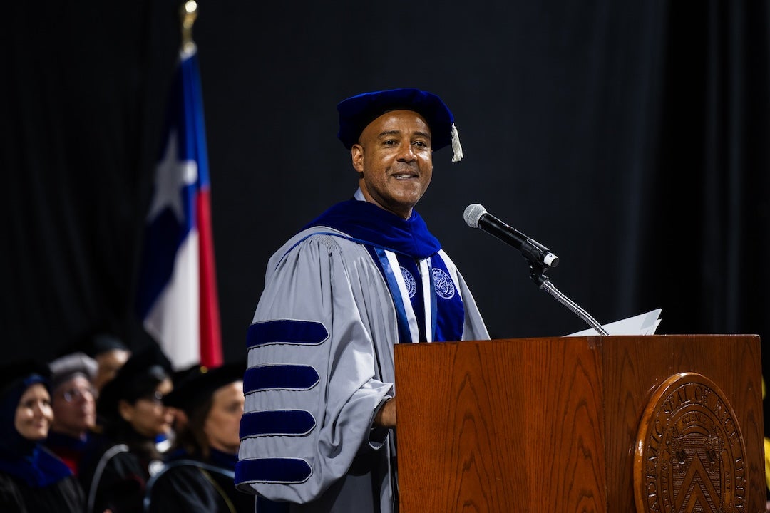 Rice president Reginald DesRoches addresses the crowd at the advanced degree commencement ceremony.