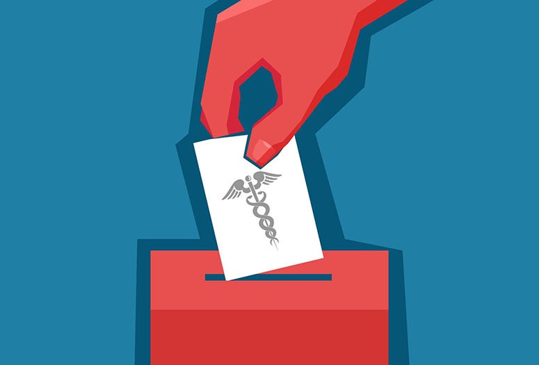 Red hand dropping a ballot with the medical symbol on it 
