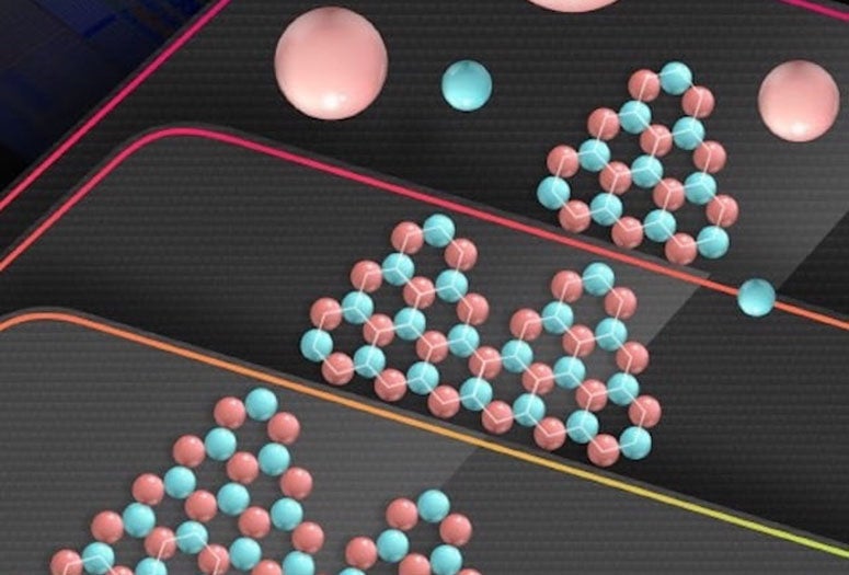 Atoms of boron and nitride align on a copper substrate to create a large-scale, ordered crystal of hexagonal boron nitride. The wafer-sized material could become a key insulator in future two-dimensional electronics. (Credit: Tse-An Chen/Taiwan Semiconductor Manufacturing Co.)