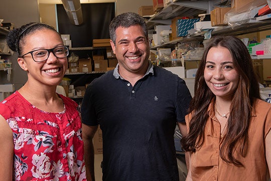 Rice University bioengineers (from left) Amanda Nash, Omid Veiseh and Samira Aghlara-Fotovat and collaborators systematically analyzed how the surface roughness of silicone breast implants influenced the development of adverse effects, which in rare cases can include an unusual type of lymphoma. (Photo by Jeff Fitlow/Rice University)