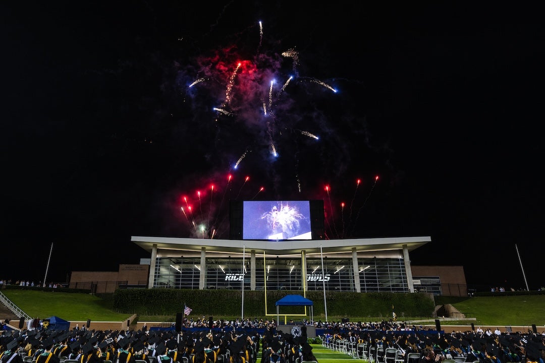 Fireworks pop during the 111th commencement ceremony.