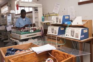 Three Pumani units at Queen Elizabeth Central Hospital in Blantyre, Malawi. The low-cost neonatal CPAP system is used in 36 district and regional hospitals throughout Malawi. (Photo courtesy of Rice 360⁰ /Rice University)