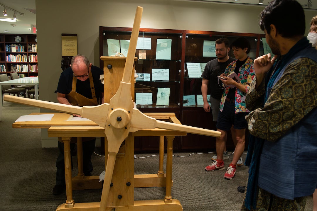 Rice showcases the newly-acquired star-wheel copper-plate rolling press that famous Romantic poet and artist William Blake used to produce his masterworks this week at the Woodson Research Center in Fondren Library on March 1, 2023.
