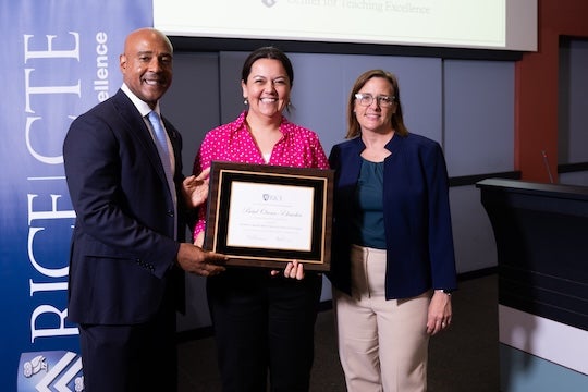 From left: Rice President Reginald DesRoches, George R. Brown Prize for Excellence in Teaching winner Betul Orcan-Ekmekci and Rice Provost and Executive Vice President for Academic Affairs Amy Dittmar. Photo by Jeff Fitlow. 