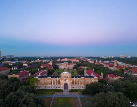 A drone view of Rice University's campus.