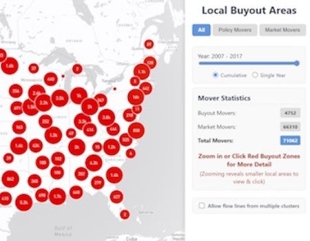 A U.S. map from Rice University’s FEMA buyout mapping tool shows clusters of buyouts and market moves between 2007 and 2017, revealing relocation patterns nationwide.