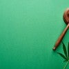 top view of green cannabis leaf near wooden gavel on green background with copy space