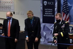 President Leebron was joined by dignitaries for the Oct. 30 opening ceremony of the Rice University National Security Research Accelerator laboratories in Dell Butcher Hall.