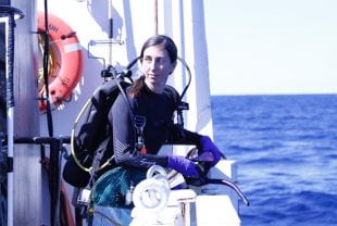 Marine biologist Adrienne Correa, an assistant professor of biosciences at Rice University, prepares for a research dive at the Flower Garden Banks National Marine Sanctuary in August 2016. (Photo courtesy of Jason Sylvan/TAMU)