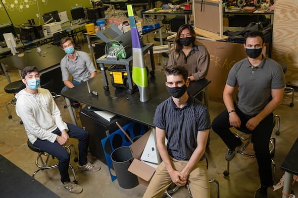 Rice University engineering students are tackling the problem of recycling decommissioned wind power turbine blades. From left: Anthony Charletta, Alejandro Moyano, Wyatt Crider, Brittany Bui and Joshua Brandel. (Credit: Jeff Fitlow/Rice University)