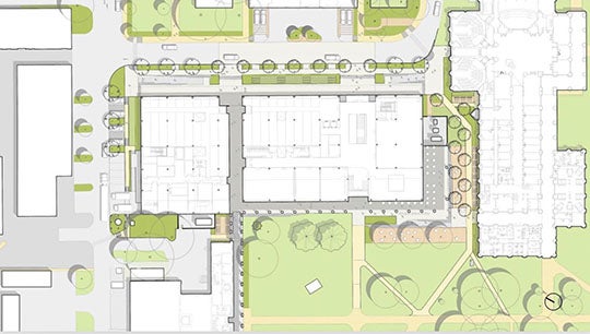An early site plan shows how a new science and engineering building will be situated in the space currently occupied by the Abercrombie Engineering Laboratory. (Credit: SOM)