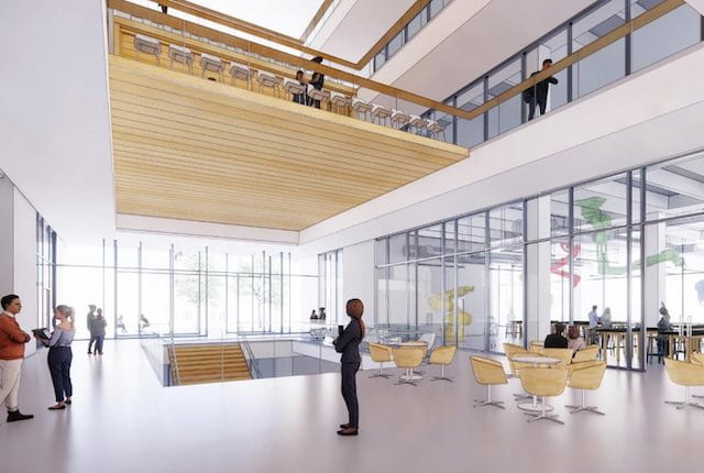 A preliminary rendering shows a concept for the lobby of the new science and engineering building on the site of the Abercrombie Engineering Laboratory, which will be demolished soon. (Credit: SOM)