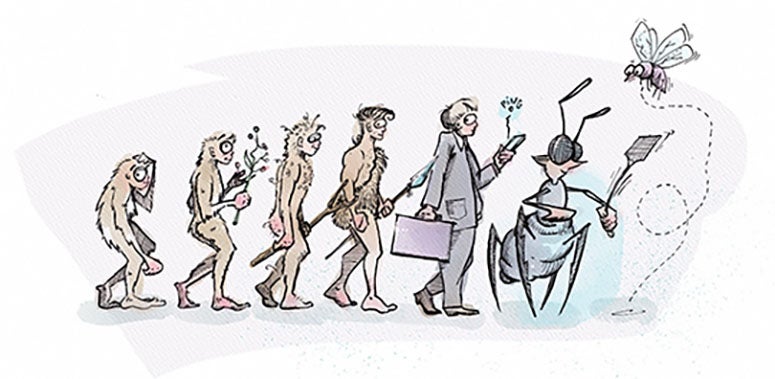 An artist’s interpretation of evolution from primates, via modern humans to mosquitoes. This artwork is a play on data gathered by biologists at Baylor College of Medicine, the Netherlands Cancer Institute and Rice University that shows the organization of the human genome can change into something that resembles the genome organization of mosquitoes. (Credit: Joris Koster/Netherlands Cancer Institute)