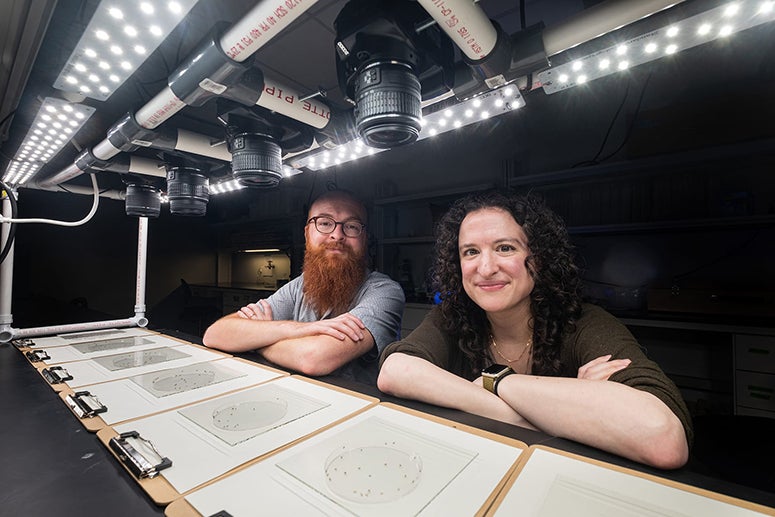 Rice University bioscientists Eric Wice (left) and Julia Saltz with the experimental setup they used to study the hereditary nature of individual's positions in social networks.