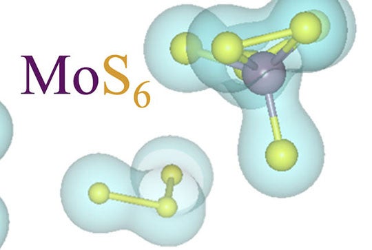 Three gas-phase molecules react at high temperatures during chemical vapor deposition to form molybdenum disulfide, a two-dimensional semiconductor that could find use in next-generation electronics. In this illustration, molybdenum atoms are purple, oxygen is red and sulfur is yellow. (Credit: Illustration by Jincheng Lei/Rice University)