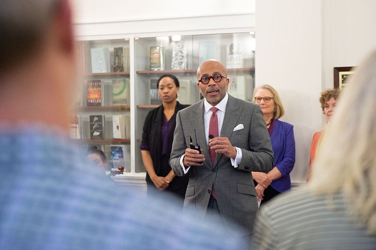 Pinn speaks at a reception welcoming the Center for African and African American Studies to campus in 2019. (Photo by Jeff Fitlow)