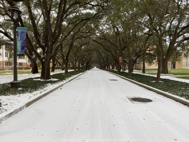 Road covered in snow at Rice