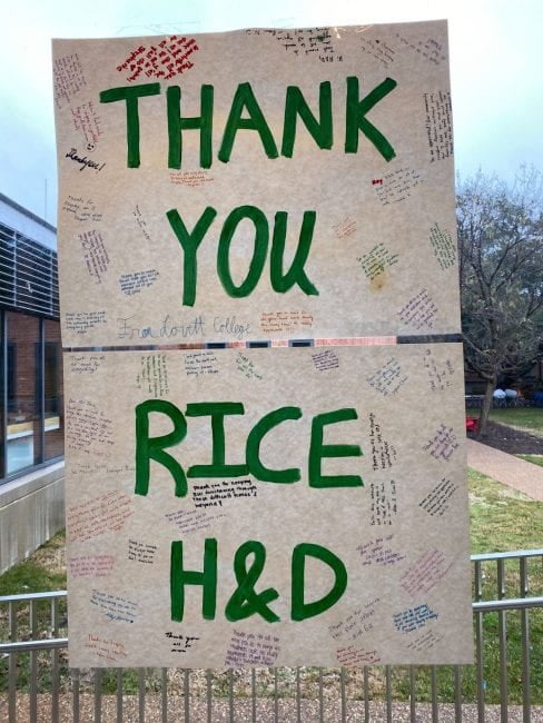 Sign that says "Thank You Rice H&D" 
