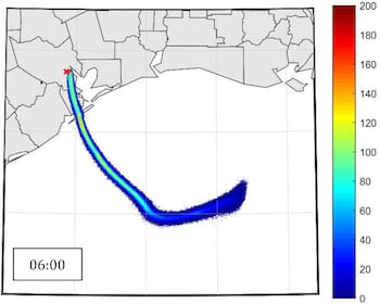A Rice University model shows the predicted atmospheric concentration distribution in parts per billion of a downwind diesel plume six hours after Hurricane Harvey. Rice engineers modeled the hypothetical threats from toxins released when oil and chemical tankers in the Houston Ship Channel fail during a storm.