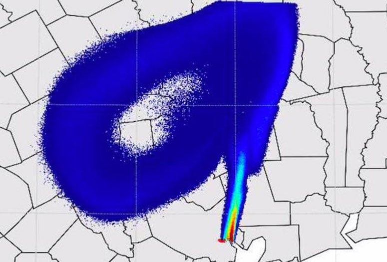 A Rice University model shows the predicted atmospheric concentration distribution in parts per billion of a downwind diesel plume in the hours after Hurricane Ike. Rice engineers modeled the hypothetical threats from toxins released when oil and chemical tankers in the Houston Ship Channel fail during a storm. (Credit: Rice University)