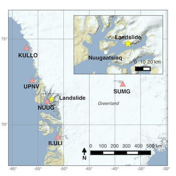 An overview by the U.S. Geological Survey shows the location of the Nuugaatsiaq landslide (yellow star) relative to five broadband seismic stations (pink triangles) within 500 km of the landslide. Nuugaatsiaq (NUUG) was impacted by the resulting tsunami the reached a height of 300 feet at sea, though it was much lower before it reached the village. The inset shows the geometry of the fjords relative to the landslide and Nuugaatsiaq. Courtesy of USGS