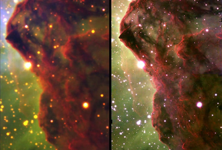 A comparison showing the ten-times improvement in resolution delivered by an adaptive optics infrared camera on the Gemini South telescope in Chile.