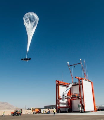 A Loon balloon lifts off. Atmospheric data collected by the internet platforms could help refine weather forecasts and inform studies of climate change. (Credit: Loon)