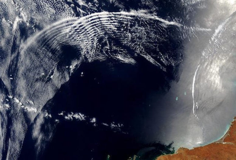 Gravity waves overlap over Australia in this NASA satellite image. Defining how atmospheric gravity waves influence weather and climate is the topic of a new study funded by the National Science Foundation. (Credit: Courtesy of NASA/Visible Earth)