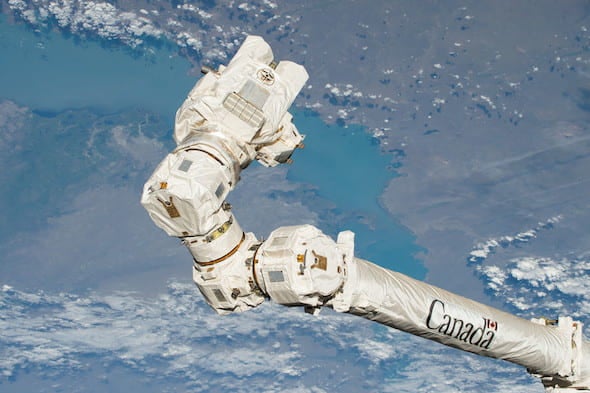 The CanadArm2, a robotic manipulator, has been an essential component of the International Space Station since it was launched in 2001. The successor to the CanadArm that flew on the space shuttle is used to manipulate payloads, including satellites, docking capsules and astronauts. Photo courtesy of NASA