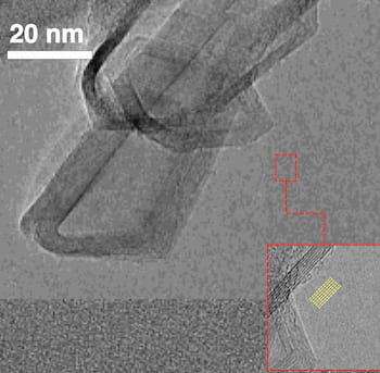 A transmission electron microscope image shows ACDC flash graphene produced at Rice University. The process promises to produce high-quality turbostratic graphene from plastic waste that can be used to enhance electronics, composites, concrete and other materials. Courtesy of the Tour Group