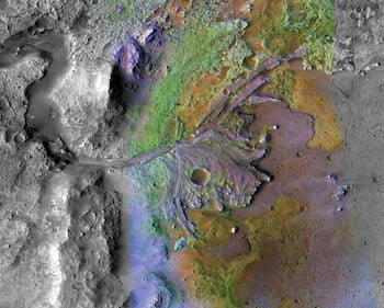 A colorized image of Jezero Crater, the target for NASA’s Perseverance rover. Kirsten Siebach, a Martian geologist at Rice University, is one of 13 scientists selected to help operate the rover. Image courtesy of NASA/JPL-Caltech/MSSS/JHU-APL