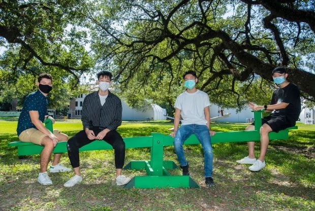 The winning design team behind "Twelve Feet Apart": Baker College sophomore Spencer Hotelling, Baker College junior Joseph Hsu, Duncan College sophomore Peyton Chiang and Brown College sophomore Jeff Xia. (Photo by Tommy LaVergne)