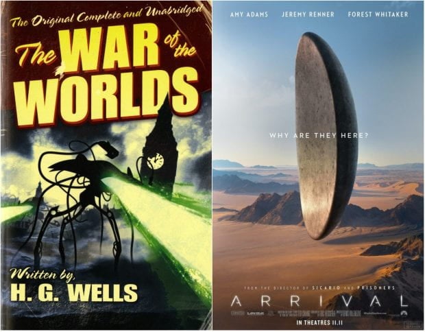 Compare imagery used for H.G. Wells' book "The War of the Worlds" versus the movie poster for "Arrival."