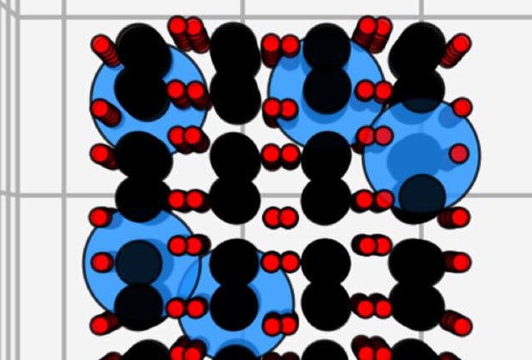 Electrets — electrons trapped in defects in two-dimensional molybdenum dioxide — give the material piezoelectric properties, according to Rice University researchers. The defects (blue) appear in the material during formation in a furnace, and generate an electric field when under pressure. (Credit: Ajayan Research Group/Rice University)