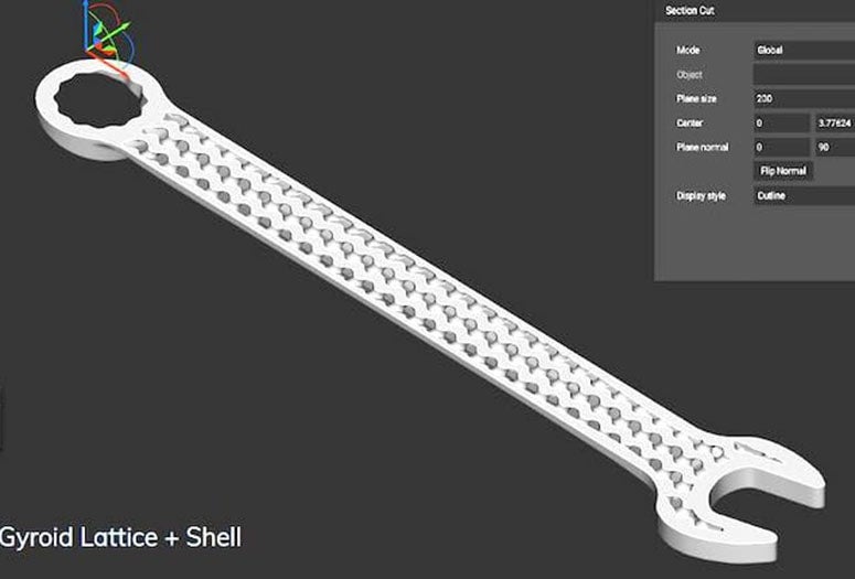 An entry in a database developed by Rice University students for 3D printing in space shows a wrench with a modified gyroid internal lattice and a solid shell exterior. (Credit: Live Long and Printer/Rice University)