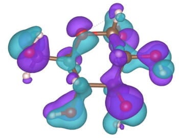 AA model created at the University of Pennsylvania illustrates charge distribution in glucose. The light blue region shows the electron cloud distribution in a single glucose molecule. The purple regions show the drastic charge redistribution when anchored to Janus MoSSE and detected via surface-enhanced Raman spectroscopy. Model by the Shenoy Group/University of Pennsylvania