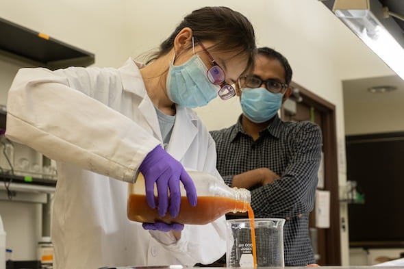Rice University undergraduate student Yufei (Nancy) Cui prepares a solution based on protein from wasted eggs. The solution can be used as a coating that extends the freshness of fruit and vegetables. With her is Rice research scientist and mentor Muhammad Rahman. Photo by Jeff Fitlow