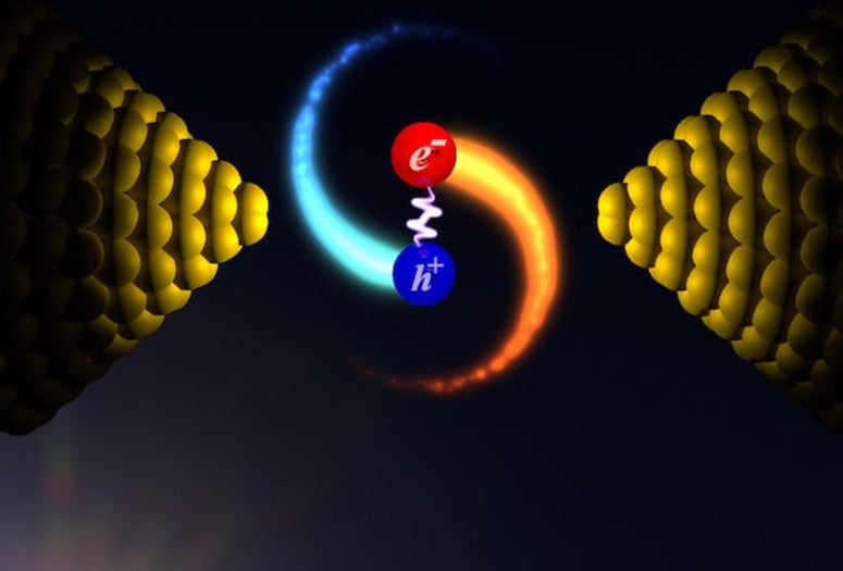 Rice University physicists discover that plasmonic metals can be prompted to produce “hot carriers” that in turn emit unexpectedly bright light in nanoscale gaps between electrodes. The phenomenon could be useful for photocatalysis, quantum optics and optoelectronics. (Credit: Illustration by Longji Cui and Yunxuan Zhu/Rice University)