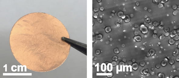 At left, a copper current collector with a laser-induced silicon oxide coating created at Rice University. At right, a scanning electron microscope image of the coating created by lasing adhesive tape on the copper collector. Courtesy of the Tour Group