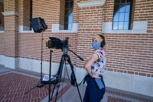 Grace Wickerson '20 sported a face mask while taping her speech at Lovett Hall.