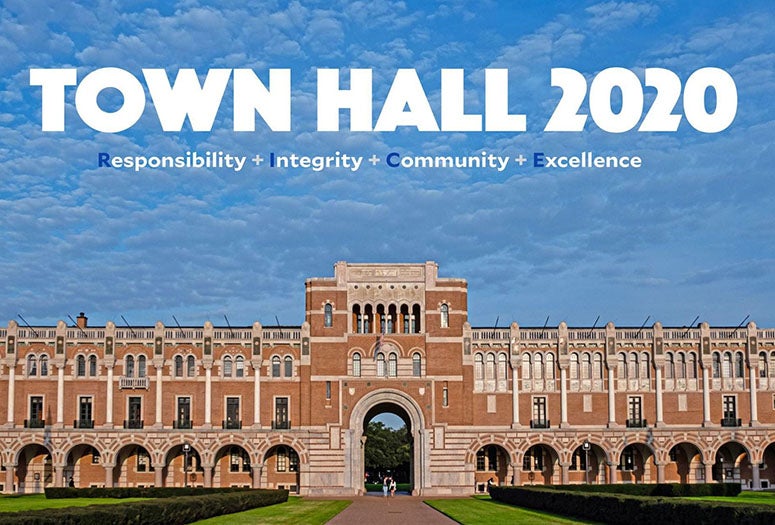 Photo of campus with the caption "Town Hall 2020" 
