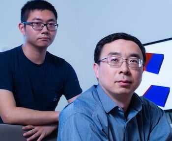 Rice graduate student Kaiqi Yang, left, and materials scientist Ming Tang determined that the fast charge and discharge of some lithium-ion batteries with intentional defects degrades their performance and endurance. Photo by Jeff Fitlow