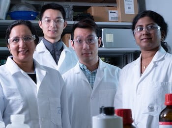 Rice University researchers -- from left, Sibani Lisa Biswal, Botao Farren Song, Quan Anh Nguyen and Anulekha Haridas -- built full lithium-ion batteries with silicon anodes and an alumina layer to protect cathodes from degrading. By limiting their energy density, the batteries promise excellent stability for transportation and grid storage use. Photo by Jeff Fitlow