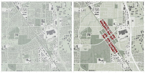 Before-and-after drawings show the development of a transportation hub with high-rise structures, part of Rice University architecture student Vivian Schwab’s thesis on how the city of Santa Rosa, California, could respond to the threat of fires from nearby foothills. The 2017 Tubbs Fire burned thousands of structures in the region and killed an estimated 22 people. Illustration by Vivian Schwab