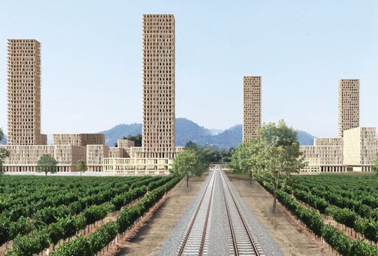A transportation hub with high-rises and multiuse structures, all surrounded by fire-retarding vineyards, is one vision for the future of Santa Rosa, California, as envisioned by Rice architecture student Vivian Schwab. Her graduate thesis was prompted by fires that have devastated the community in recent years and the need for strategies to protect against future disasters as a result of global warming. (Credit: Illustration by Vivian Schwab)