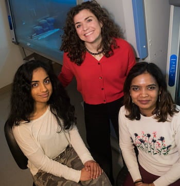 Rice researchers -- including, from left, Sahiti Patibandla, Laura Segatori and Bhagyashree Bachhav -- have developed a versatile gene signal amplifier that detects the expression of chromosomal genes. Photo by Jeff Fitlow