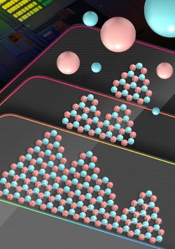 Atoms of boron and nitride align on a copper substrate to create a large-scale, ordered crystal of hexagonal boron nitride. The wafer-sized material could become a key insulator in future two-dimensional electronics. Illustration by Tse-An Chen/TSMC