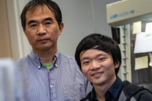 Rice University physicists Pengcheng Dai (left) and Lebing Chen have discovered that unusual magnetic features they previously noticed in 2D chromium triiodide arise from topological features. (Photo by Jeff Fitlow/Rice University)