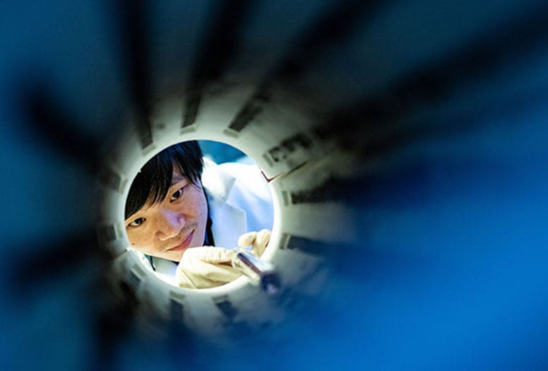 Rice University graduate student Lebing Chen used a high-temperature furnace to make chromium triiodide crystals