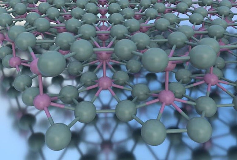 An illustration depicts the atomic structure of double-layer borophene. In this image, all atoms are boron, with the pink atoms specifically involved in bonding between the layers. Courtesy of Northwestern University